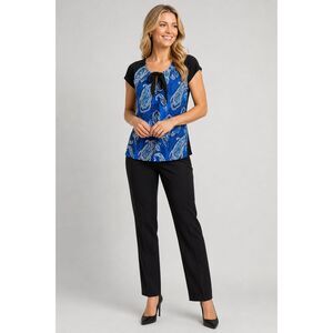 Blue Paisley Keyhole Tie Neck Blouse Size S Boho Career Top Colorblock
